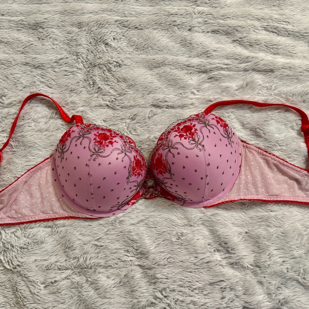 Victoria’s Secret Red Floral Pink Lace Push Up Bra 38D